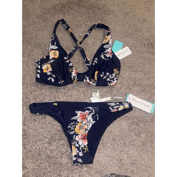 Seafolly Other - Seafolly Midsummer Indigo Floral Bikini Swimwear Sz 4 US - Halter / Brazilian